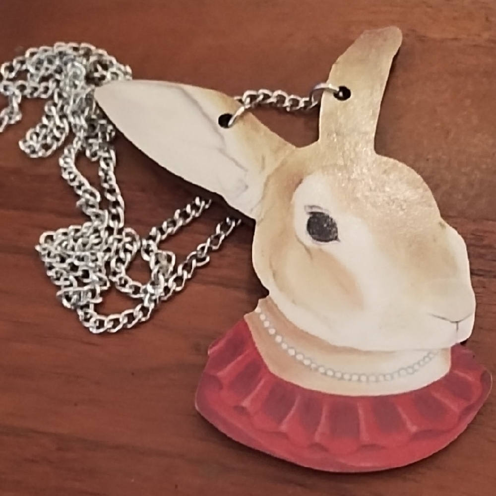 Rabbit Pendant Necklace Wood with Silver Chain